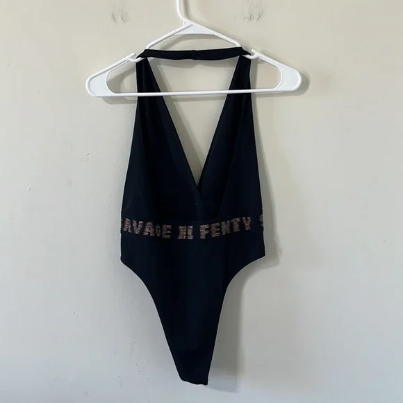 Savage X Fenty Rose Gold Logo Halter Plunge Bodysuit Black Caviar Size M - Picture 7 of 11